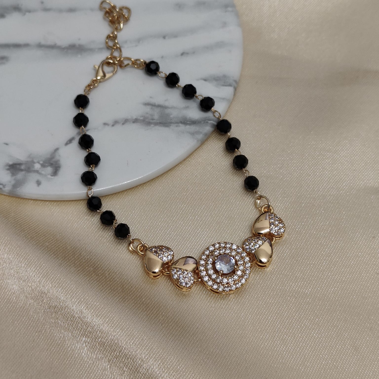 Large Zircon Heart Charm beaded adjustable Bracelet