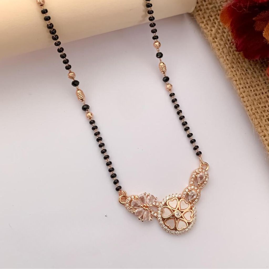 Indian Nazarian Floral Rose Gold Zircon Mangalsutra Black Beads Pendant Necklace