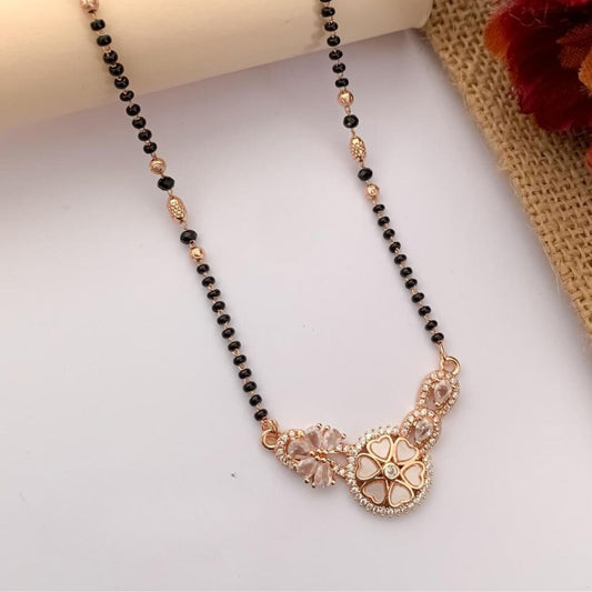 Indian Nazarian Floral Rose Gold Zircon Mangalsutra Black Beads Necklace