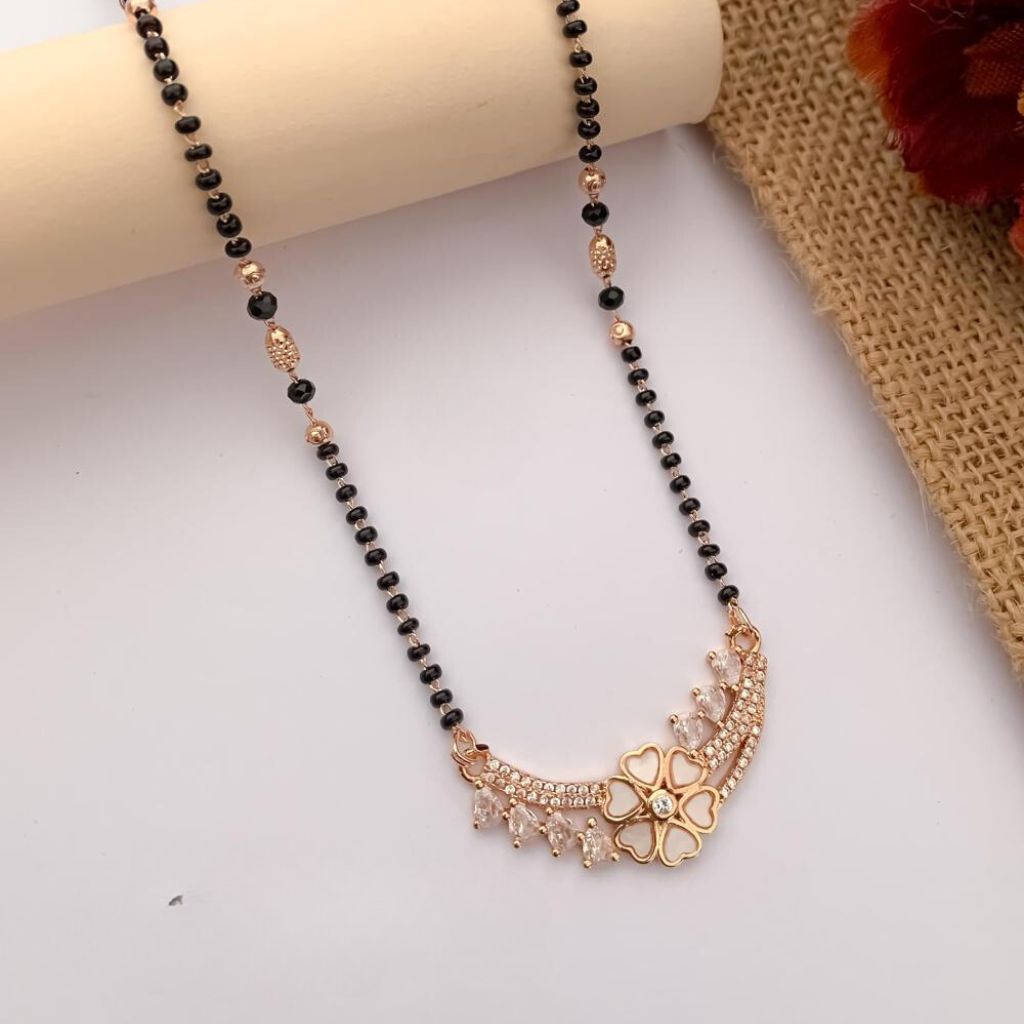 Indian Nazarian Floral Rose Gold Zircon Mangalsutra Black Beads Pendant Necklace
