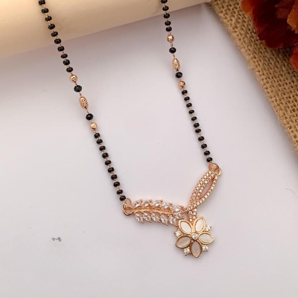 Indian Nazaria Rose Gold Zircon Mangalsutra Black Beads Pendant Necklace