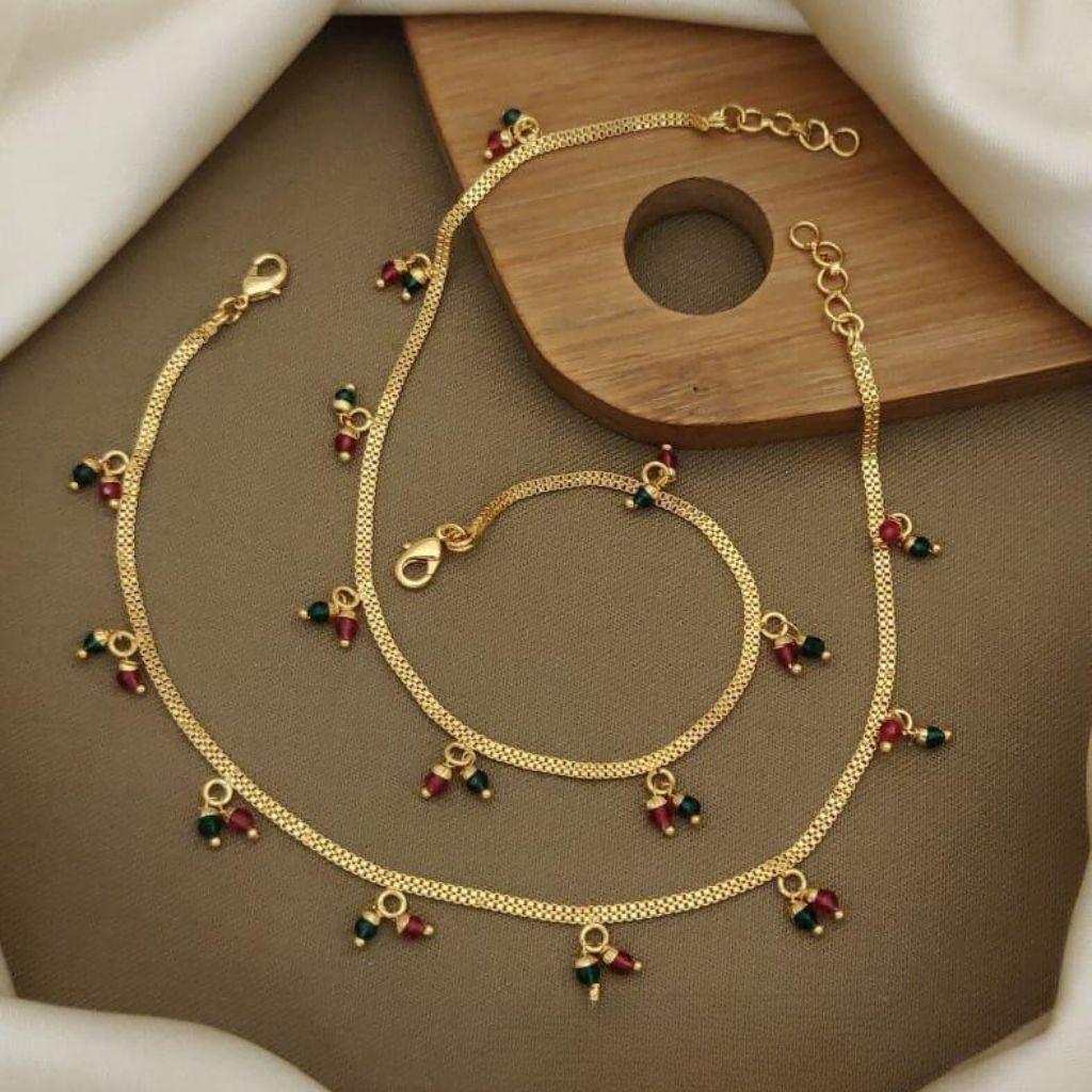 Golden Brass Rounds Red Green Beads Indian Payal Anklet