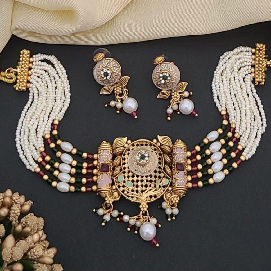 Traditional Ethnic Multi Strand White Pearl Dangle Diana Choker