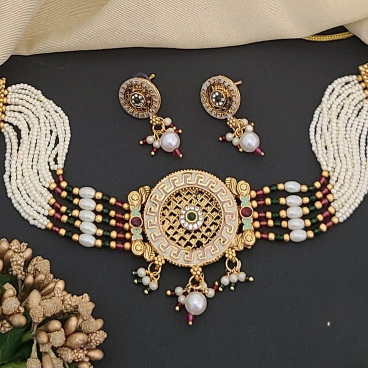 Traditional Ethnic Multi Strand White Pearl Dangle Diana Choker