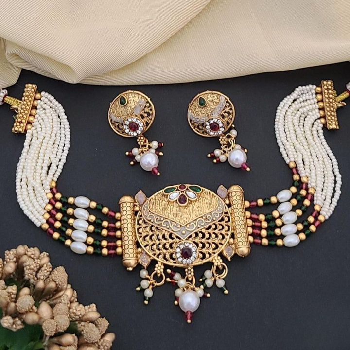 Traditional Ethnic Multi Strand White Pearl Dangle Diana Choker