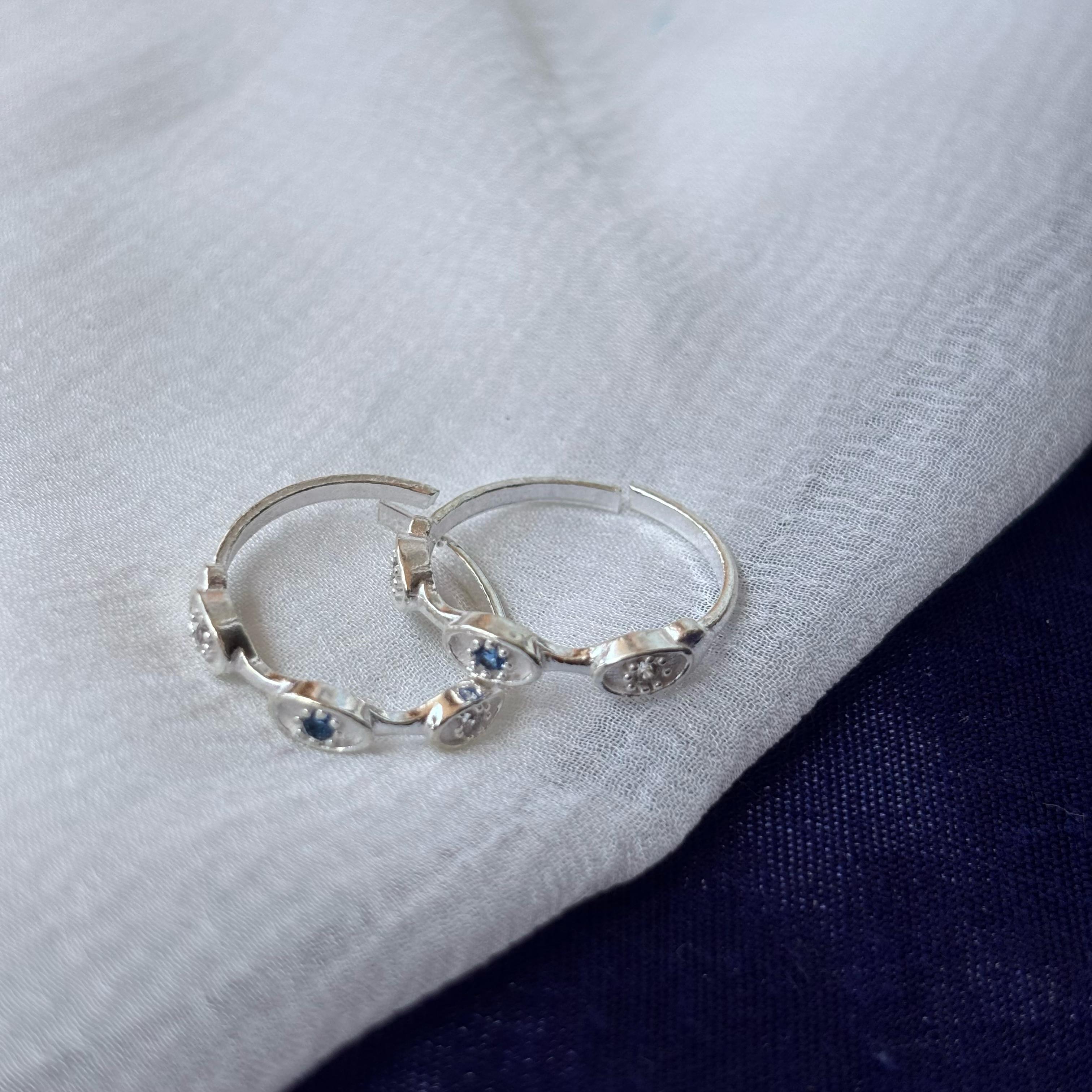Blue Evil Eye Pure Silver Bohemian Indian Bichiya Slim Toe Ring