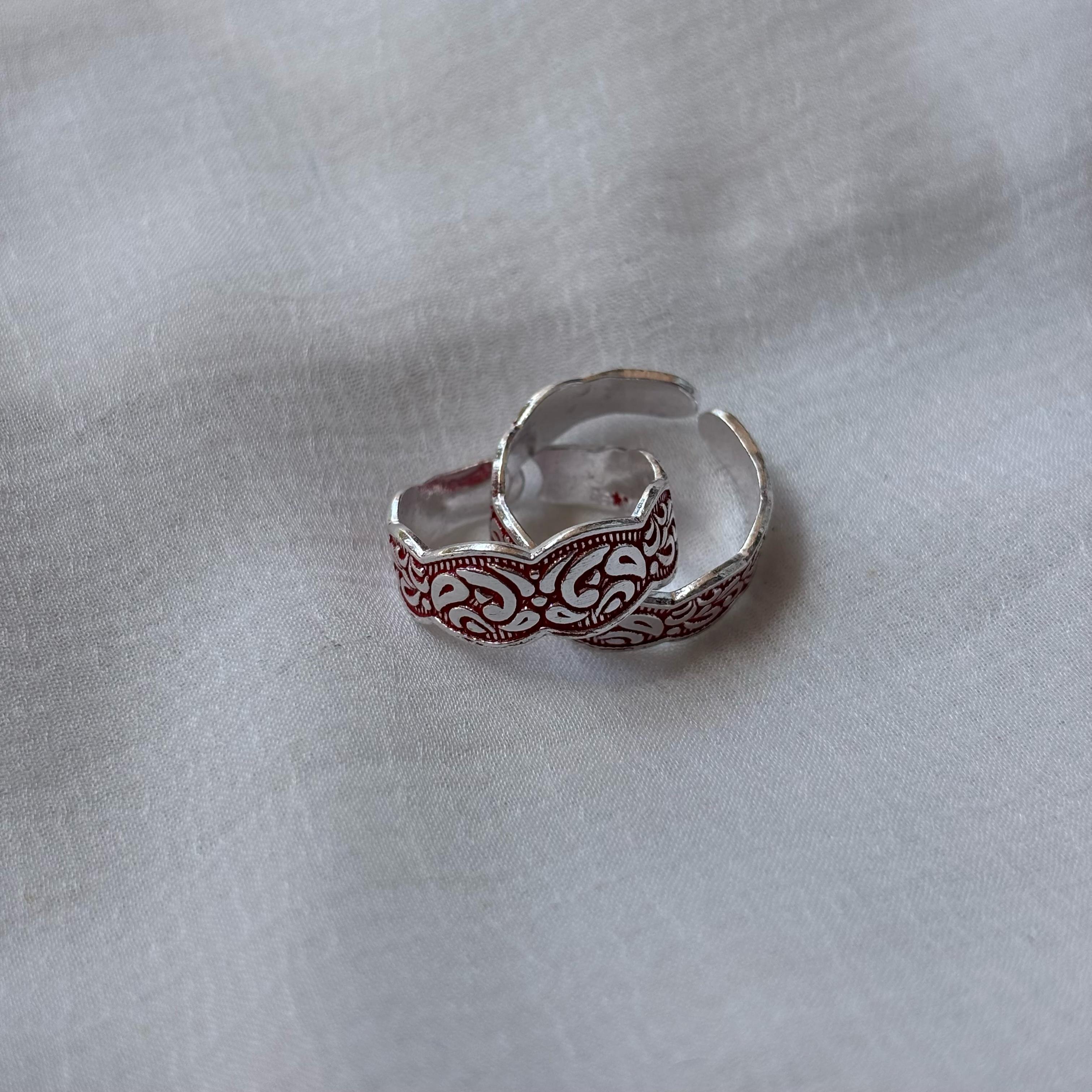 Red Adjustable Silver Midi Band Dainty Beach Toe Ring Set
