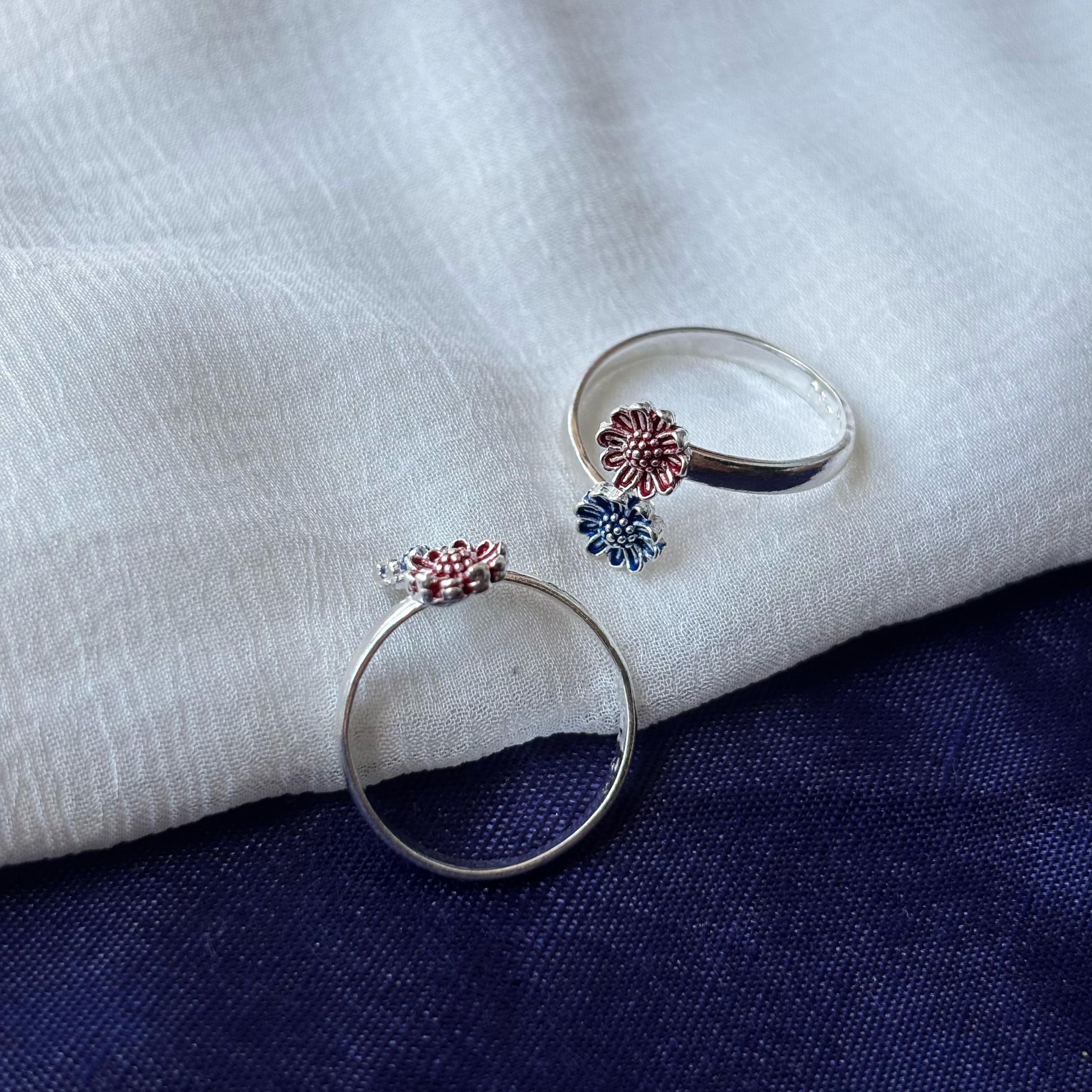 925 Silver Floral Red Blue Bohemian Midi Band Dainty Beach Toe Ring