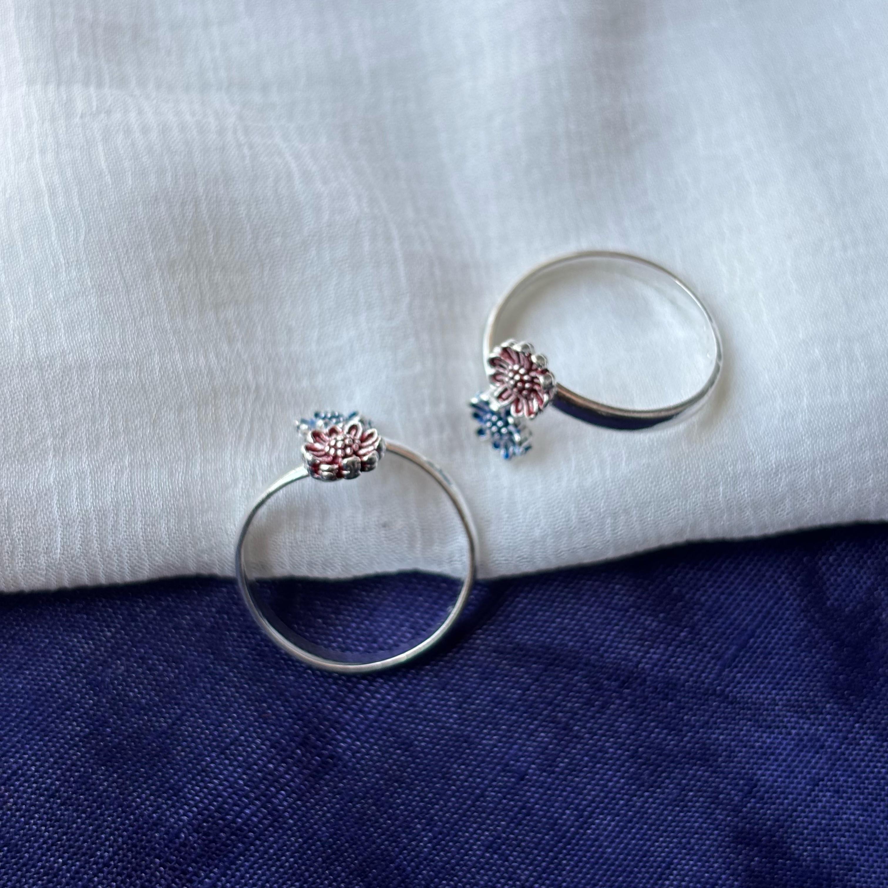 925 Silver Floral Red Blue Bohemian Midi Band Dainty Beach Toe Ring