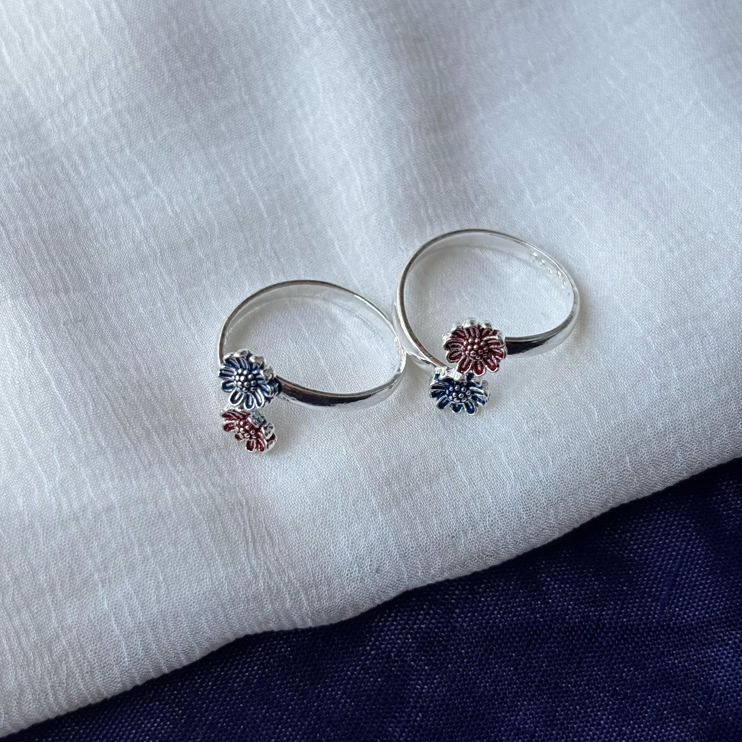 925 Silver Floral Red Blue Bohemian Midi Band Dainty Beach Toe Ring