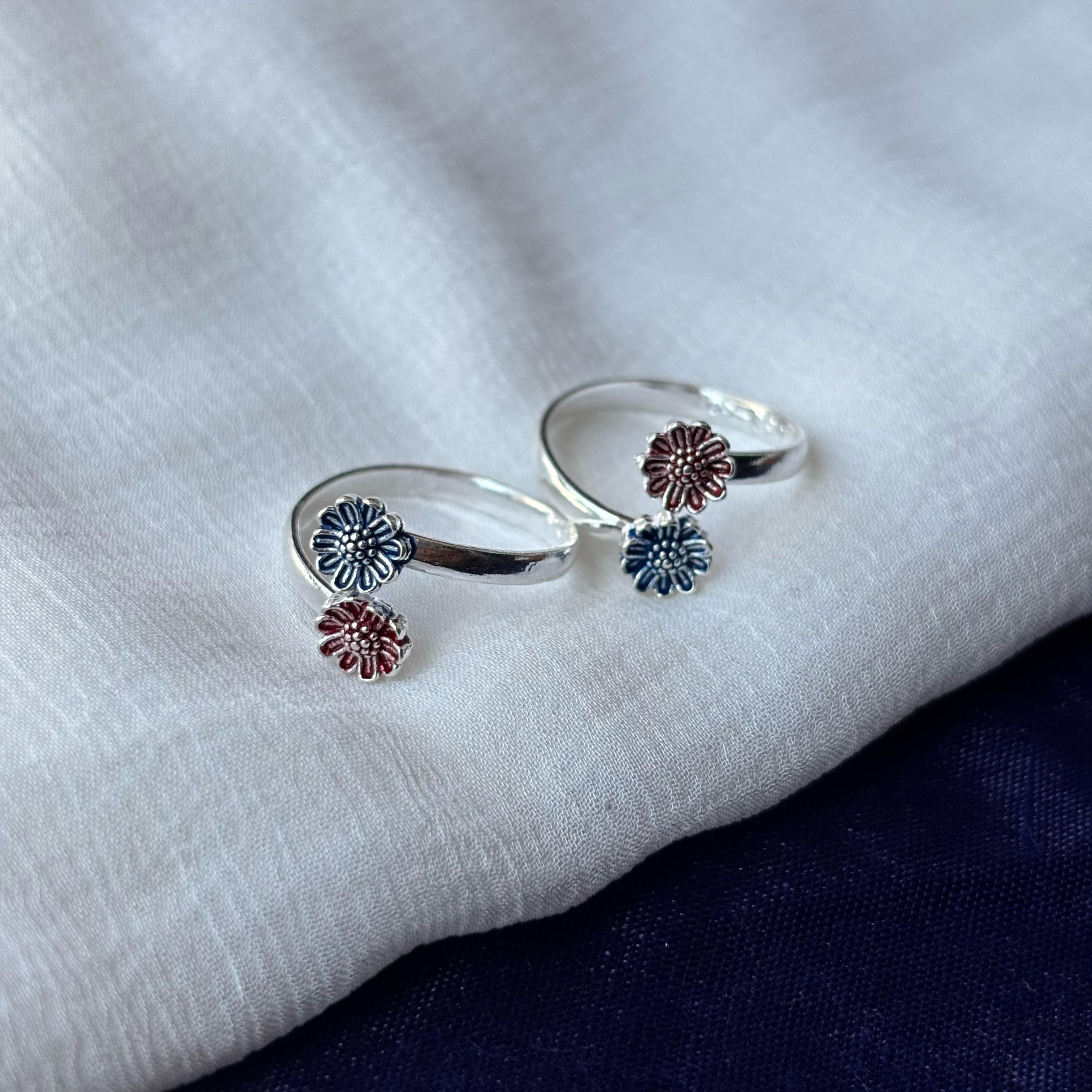 925 Silver Floral Red Blue Bohemian Midi Band Dainty Beach Toe Ring