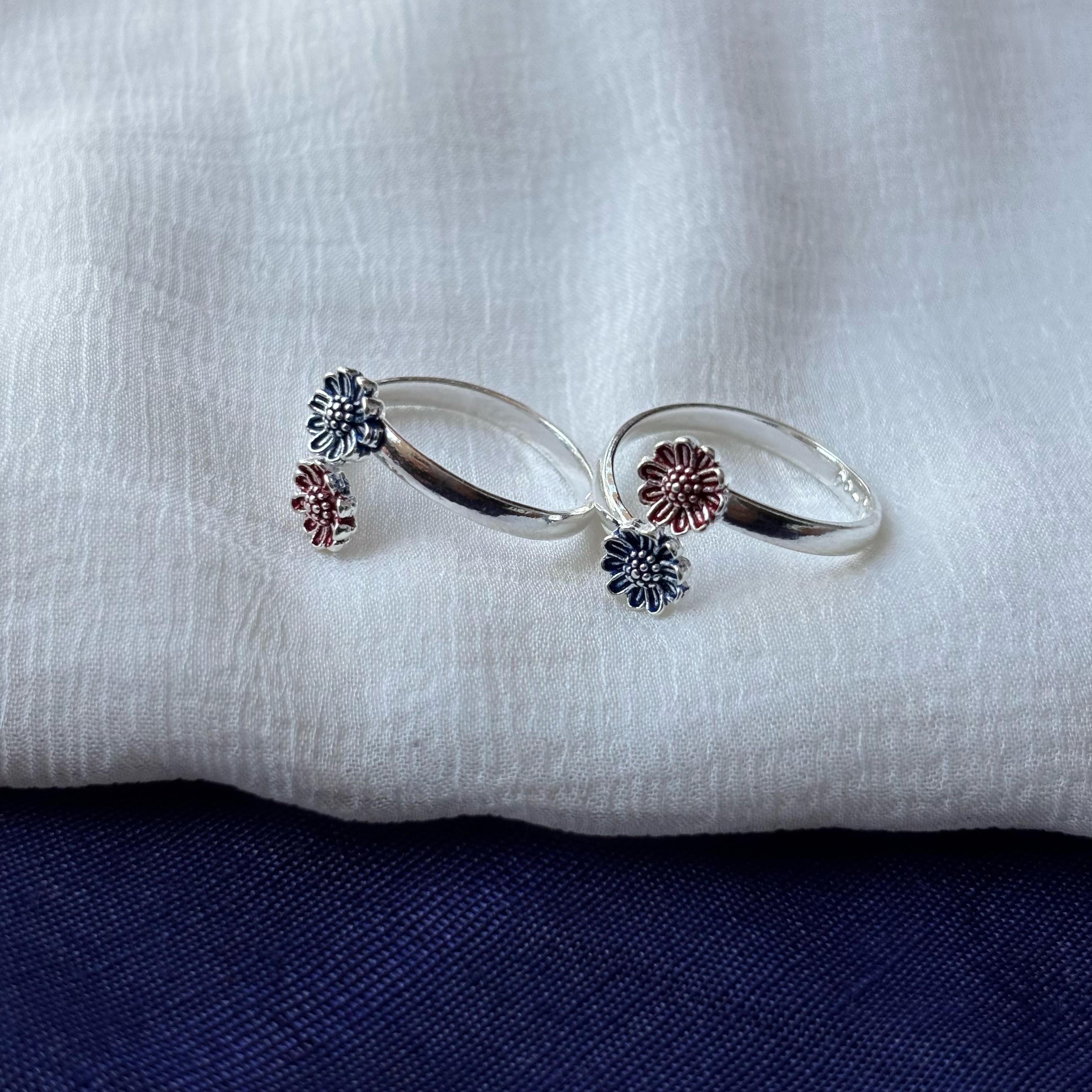 925 Silver Floral Red Blue Bohemian Midi Band Dainty Beach Toe Ring