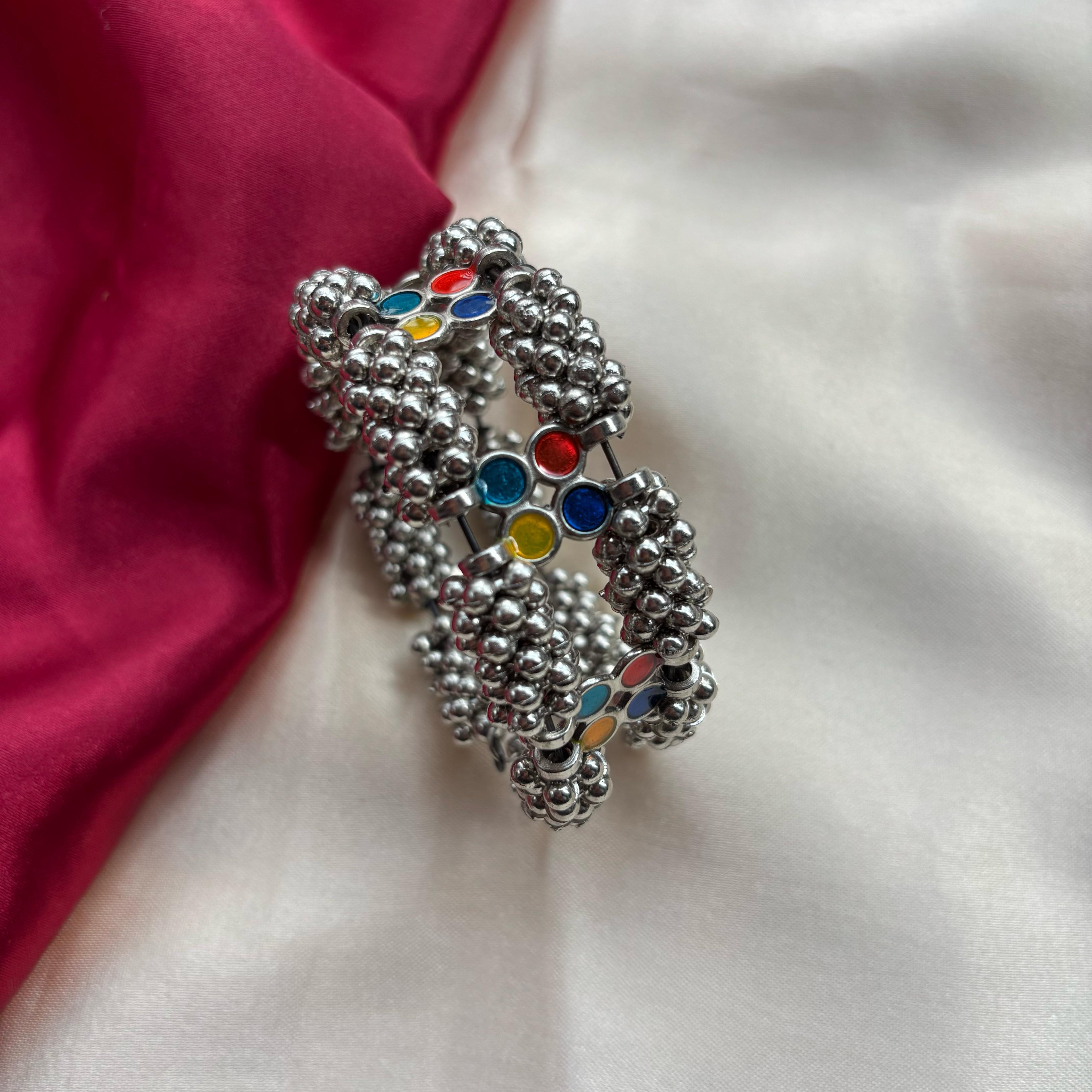 Oxidised Ghungaroo multicolour stones Open Bridal Kada Cuff Bangle