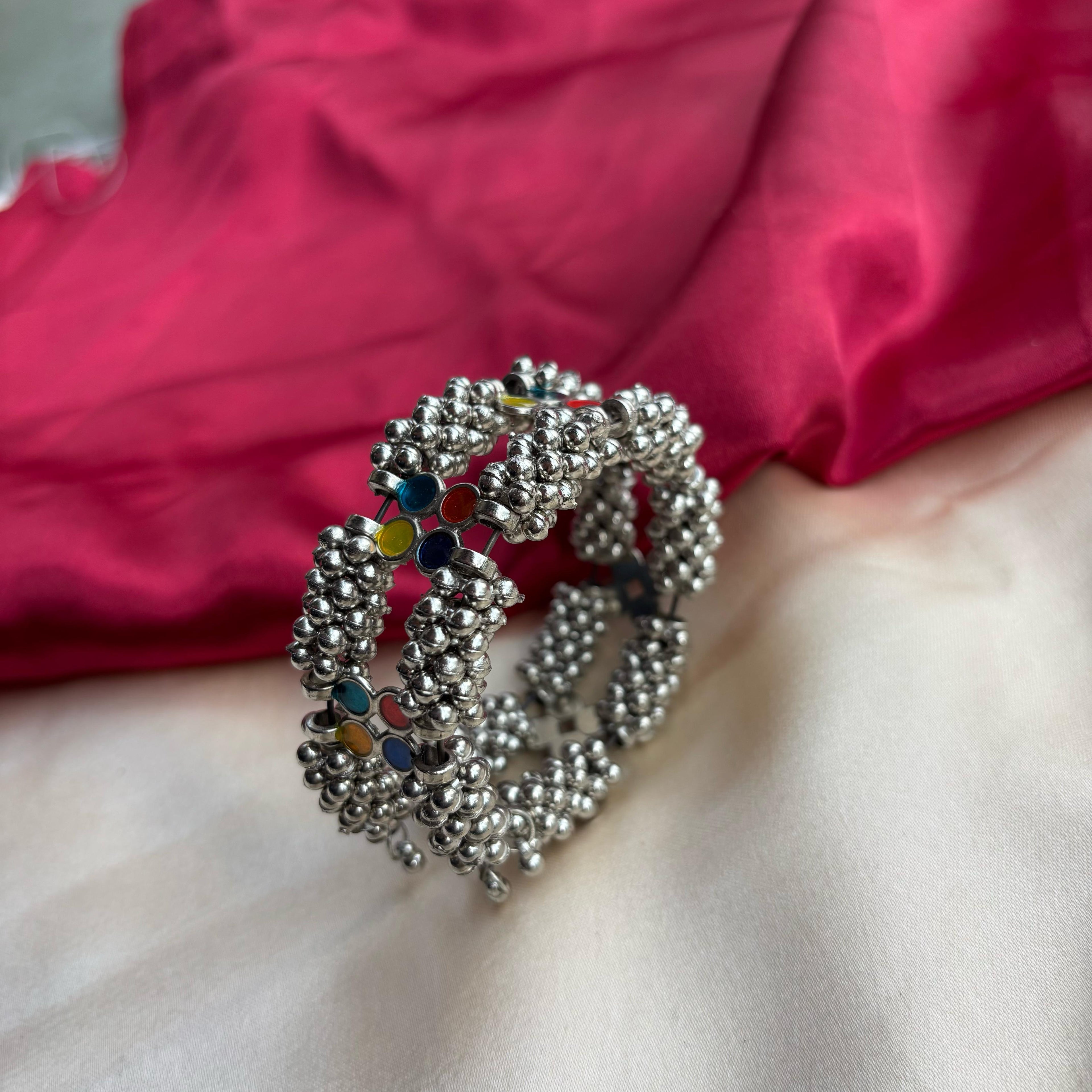 Oxidised Ghungaroo multicolour stones Open Bridal Kada Cuff Bangle