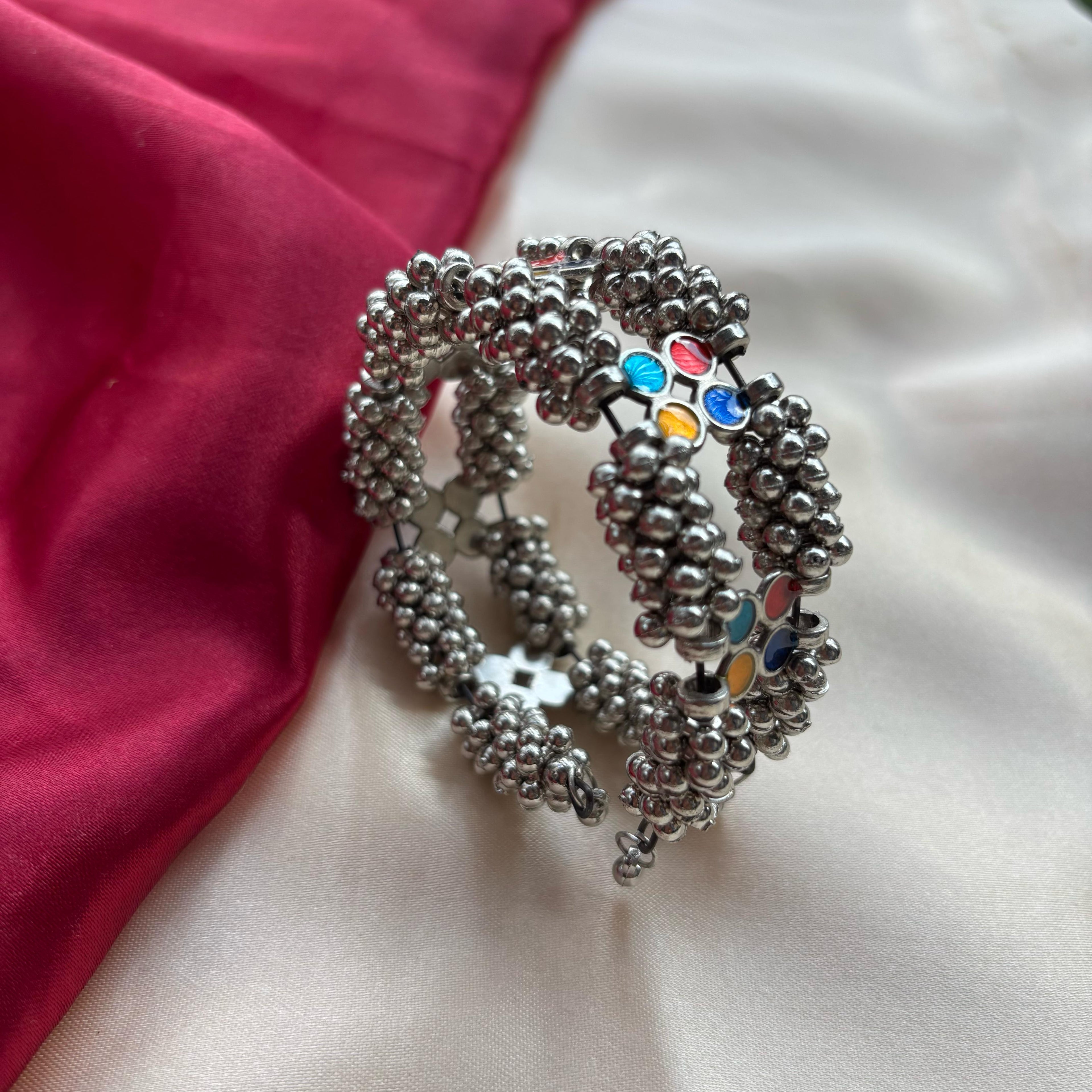 Oxidised Ghungaroo multicolour stones Open Bridal Kada Cuff Bangle