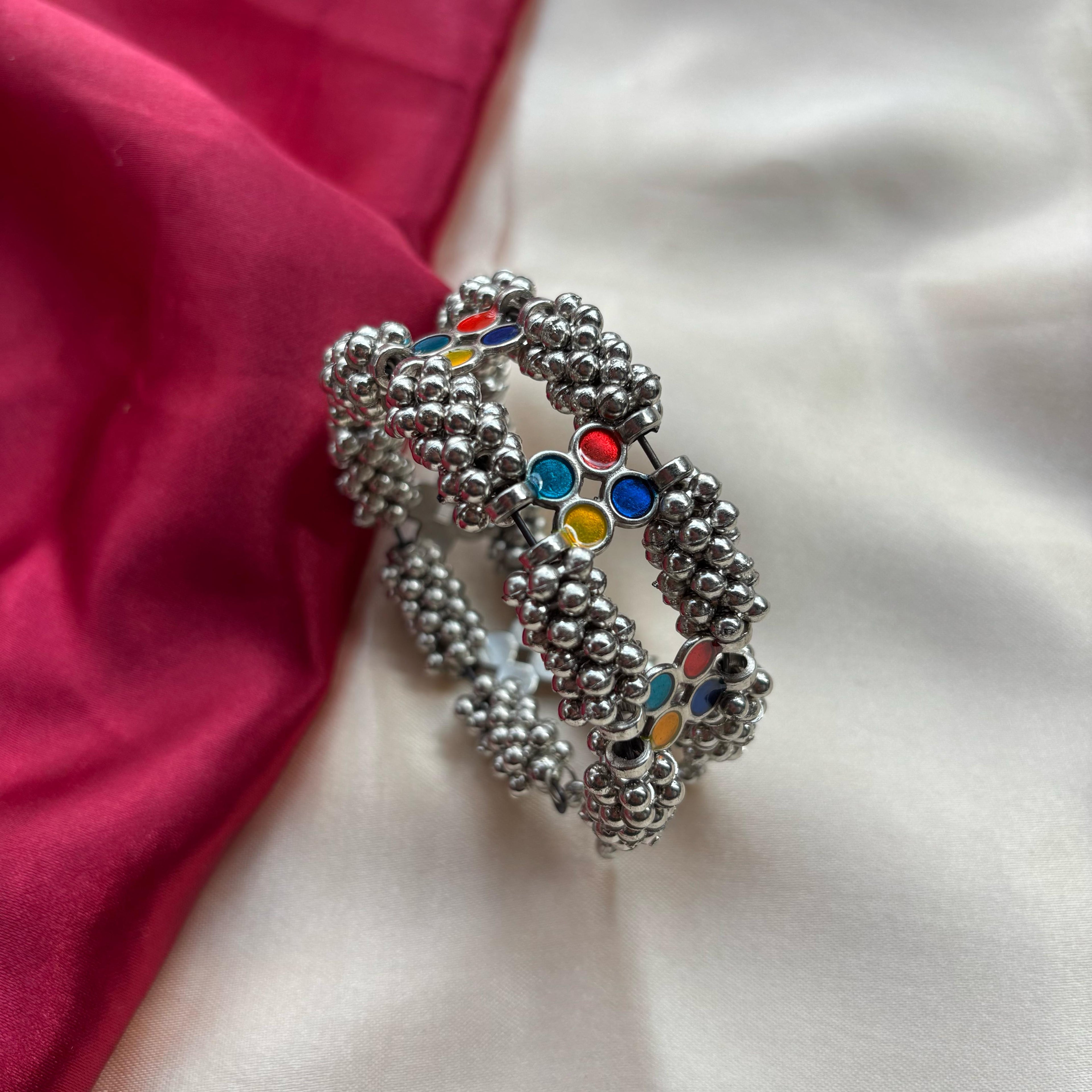 Oxidised Ghungaroo multicolour stones Open Bridal Kada Cuff Bangle