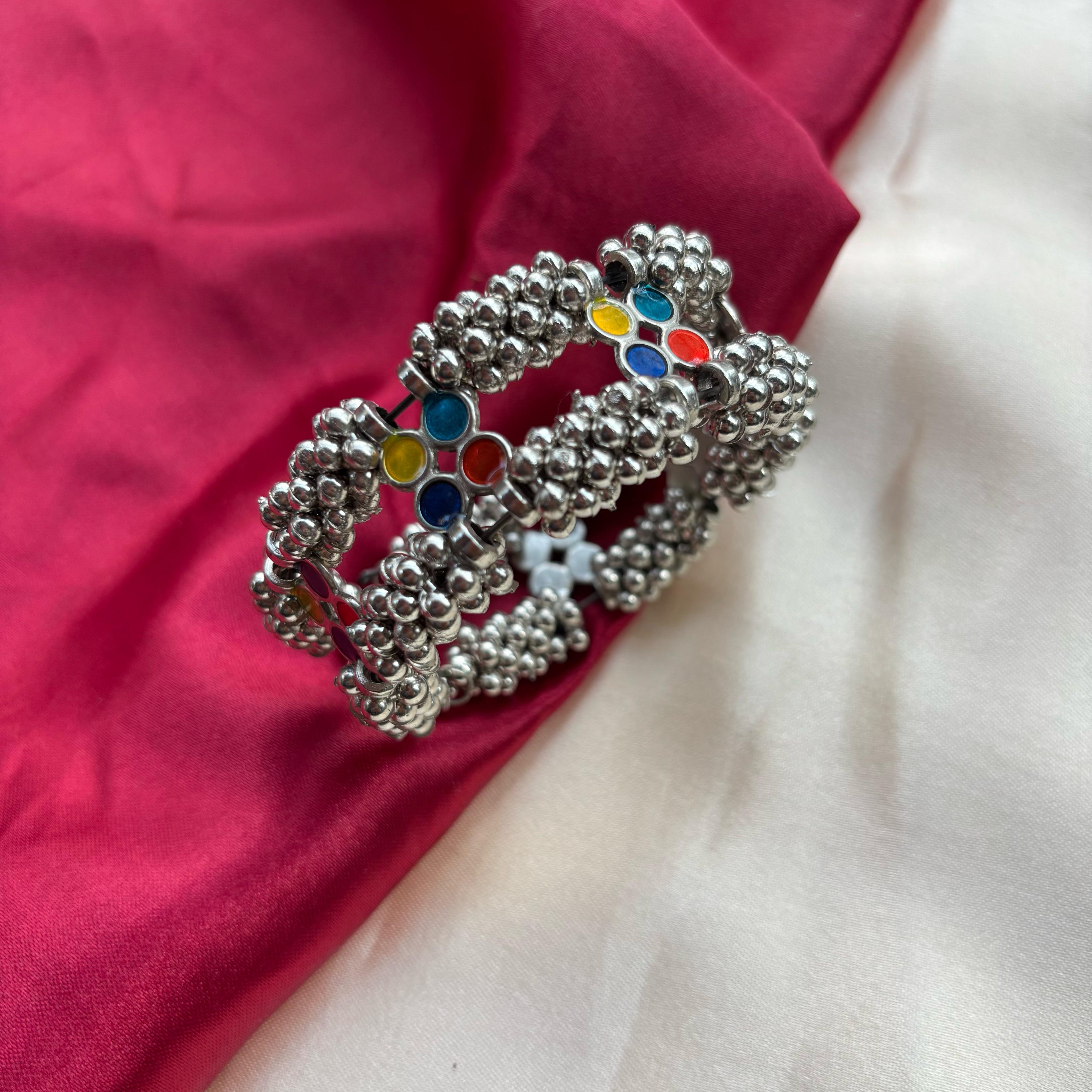 Oxidised Ghungaroo multicolour stones Open Bridal Kada Cuff Bangle