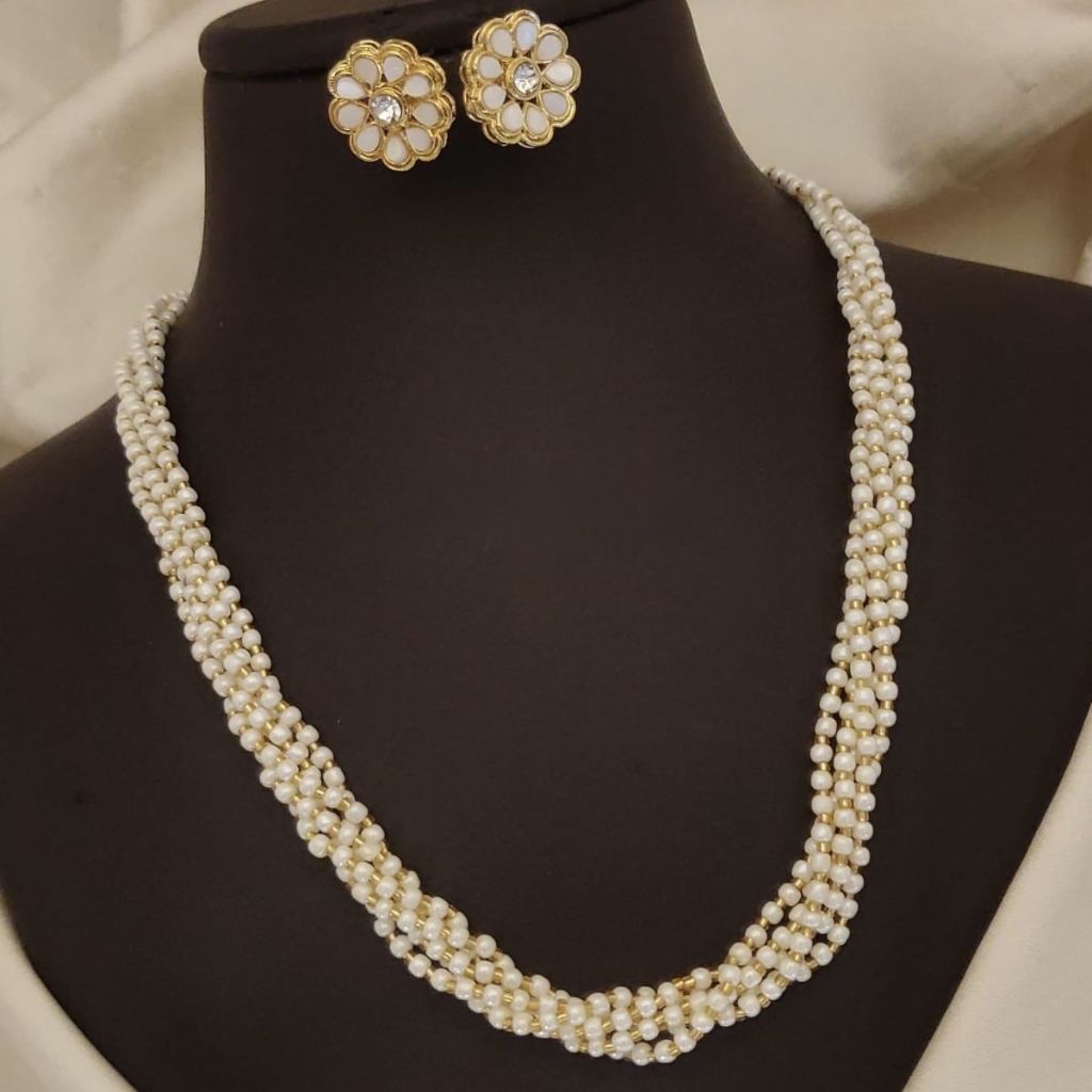 Small White Multi-strand Pearl Wedding Statement Necklace and Earring Set