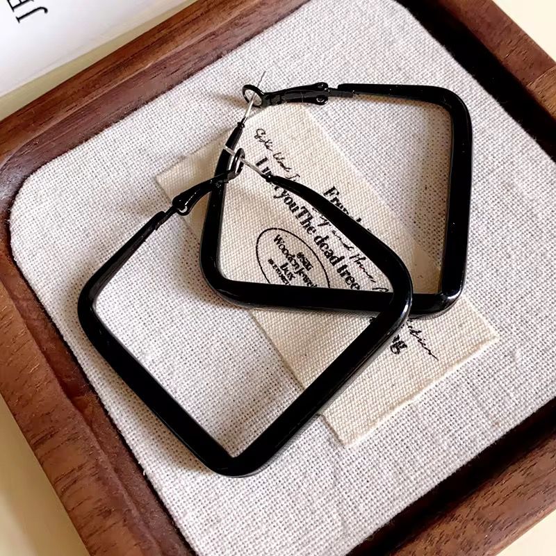 Black Square Geometric Large Dainty Threader Statement Hoop Earrings