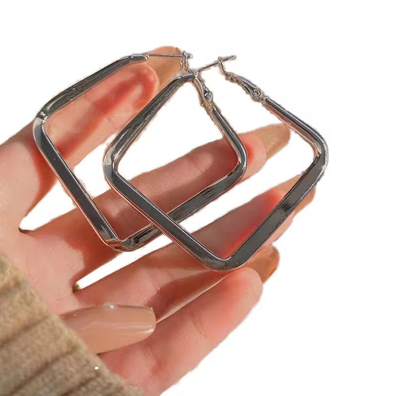 Black Square Geometric Large Dainty Threader Statement Hoop Earrings