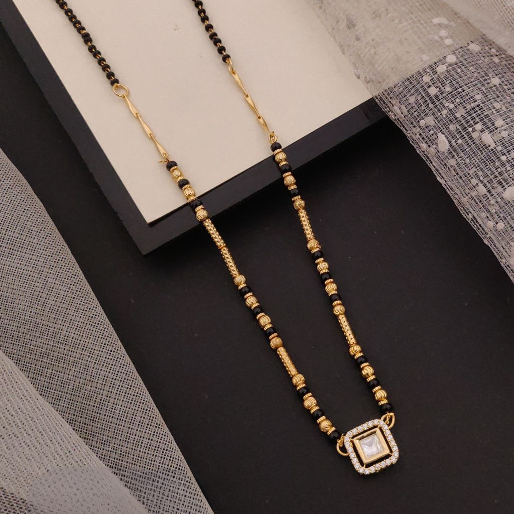Square Solitaire Charm Black Beaded 18ct Gold Plated Mangalsutra Necklace
