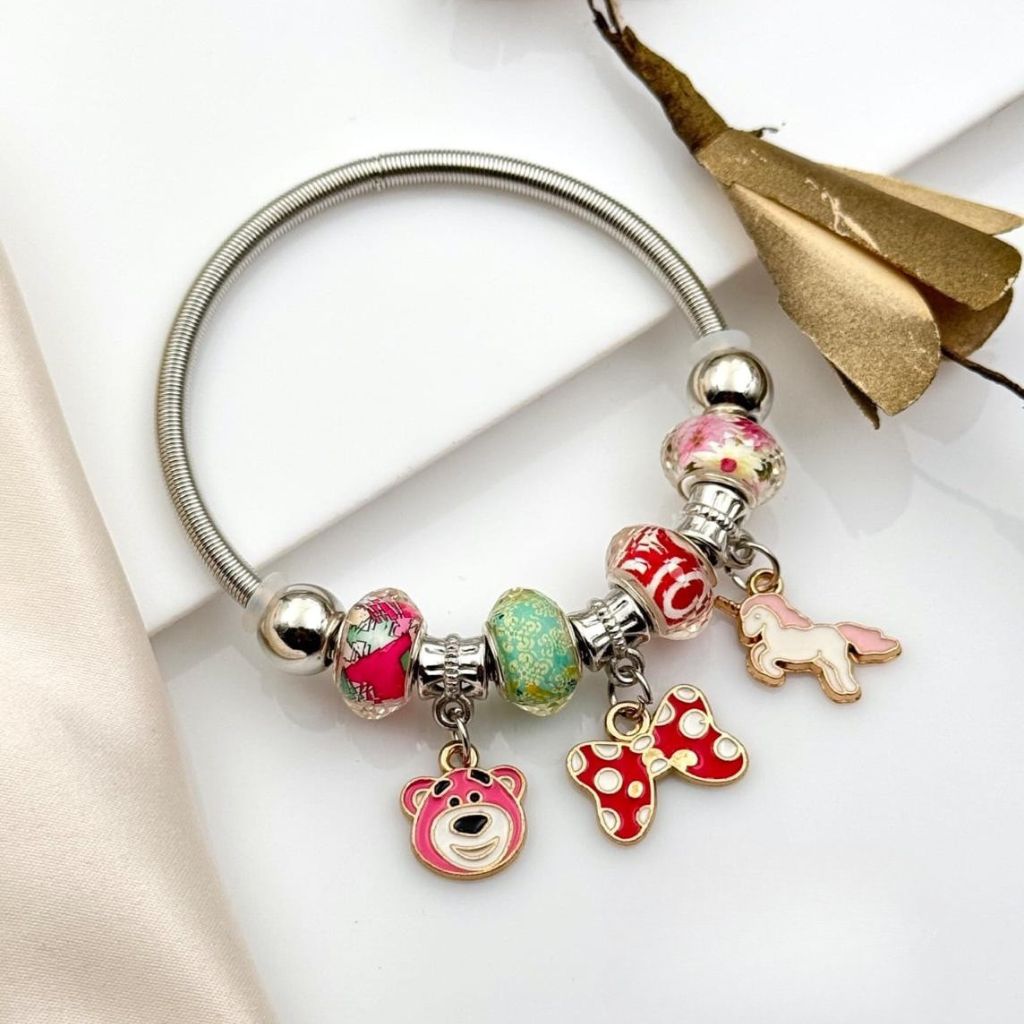 Unicorn Charm Dangle Silver Enamel Bangle Bracelet