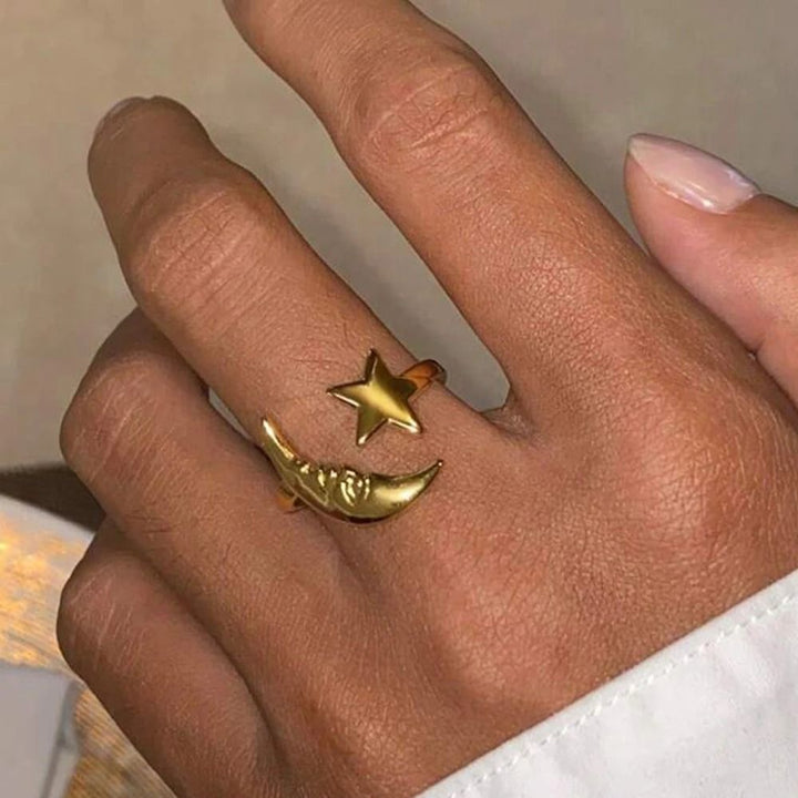 Boho Celestial Moon and Star Ring Adjustable Gold/Silver (Close-up Detail) | The Colourful Aura