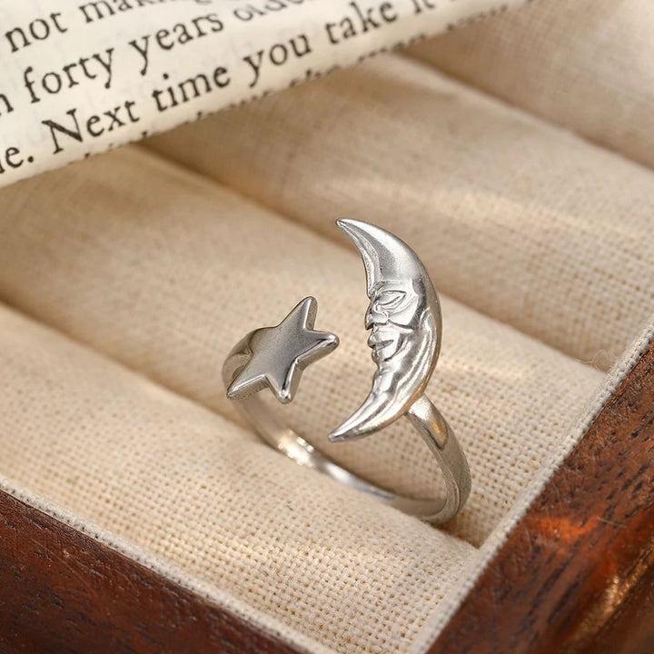 Boho Celestial Moon and Star Ring Adjustable Gold/Silver (Close-up Detail) | The Colourful Aura