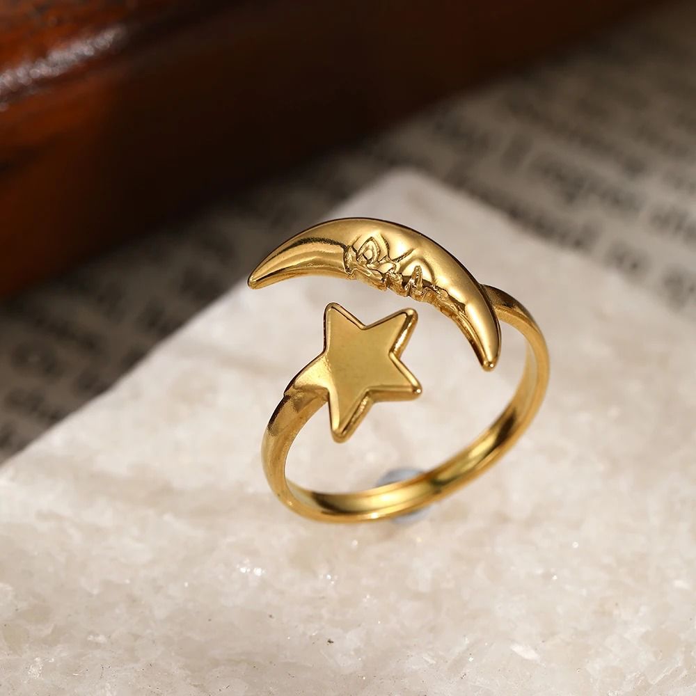 Boho Celestial Moon and Star Ring Adjustable Gold/Silver