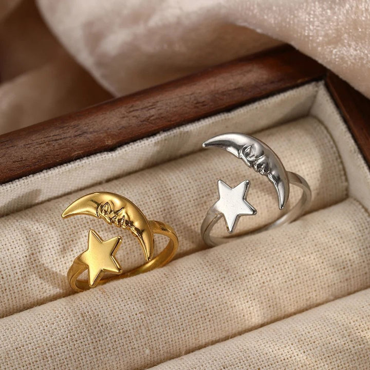 Boho Celestial Moon and Star Ring Adjustable Gold/Silver