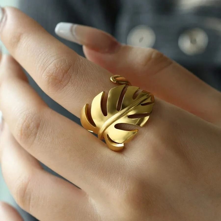 Tropical Monstera Plant Leaf Open Statement Gold/SIlver Ring