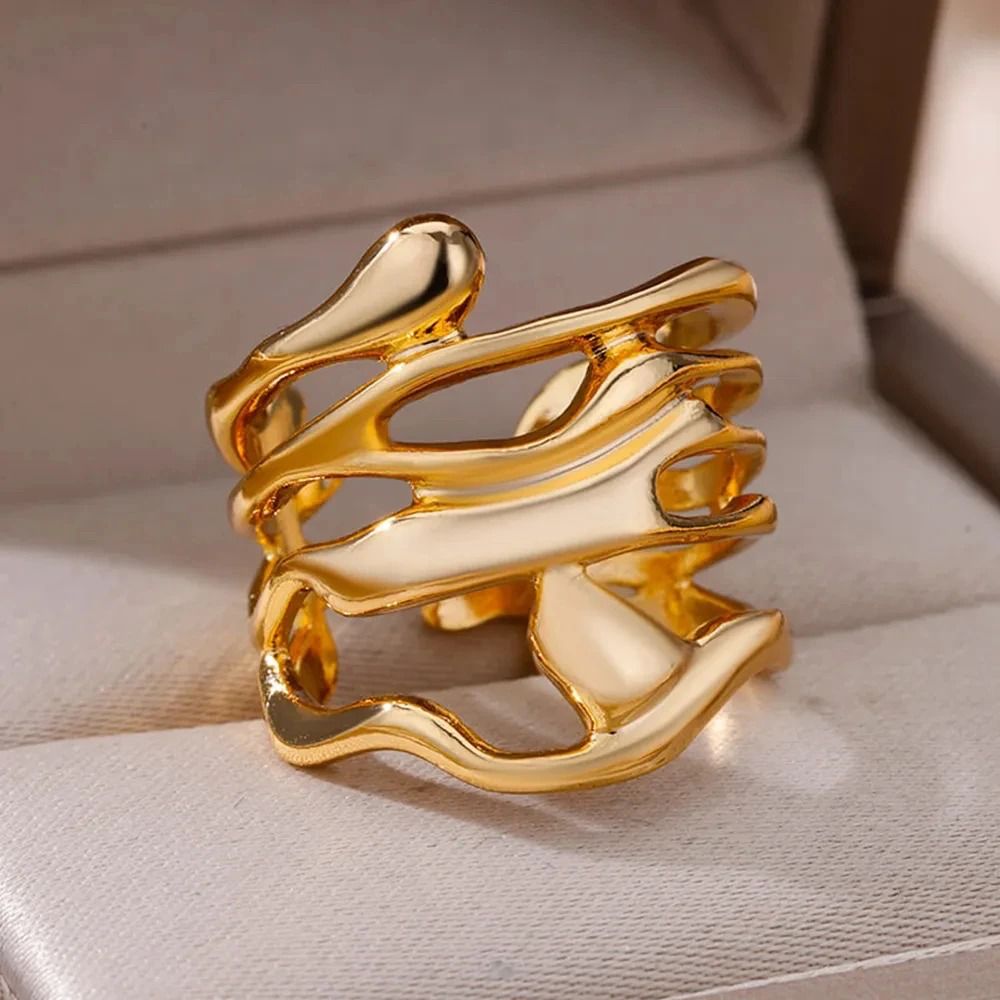 Abstract Fluid Wrap Wide Adjustable Band Gold or Silver Ring