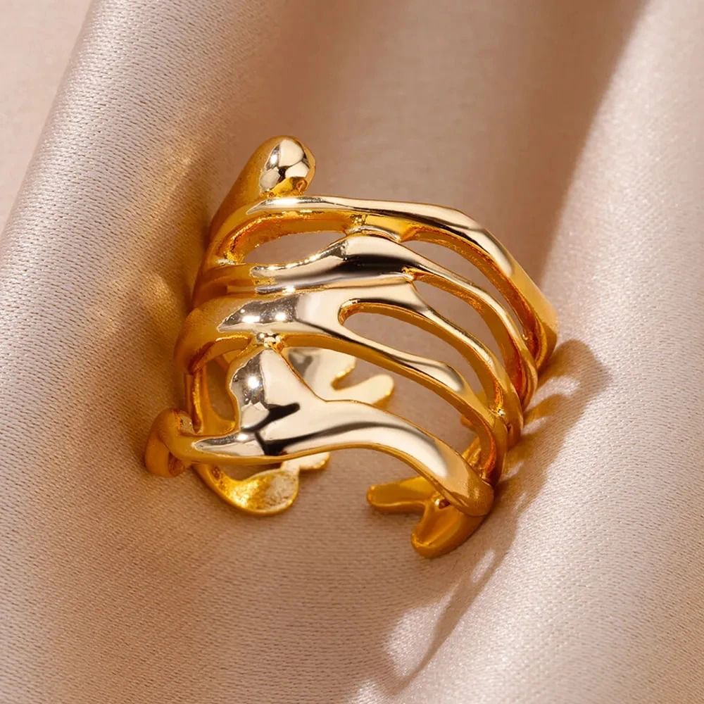 Abstract Fluid Wrap Wide Adjustable Band Gold or Silver Ring