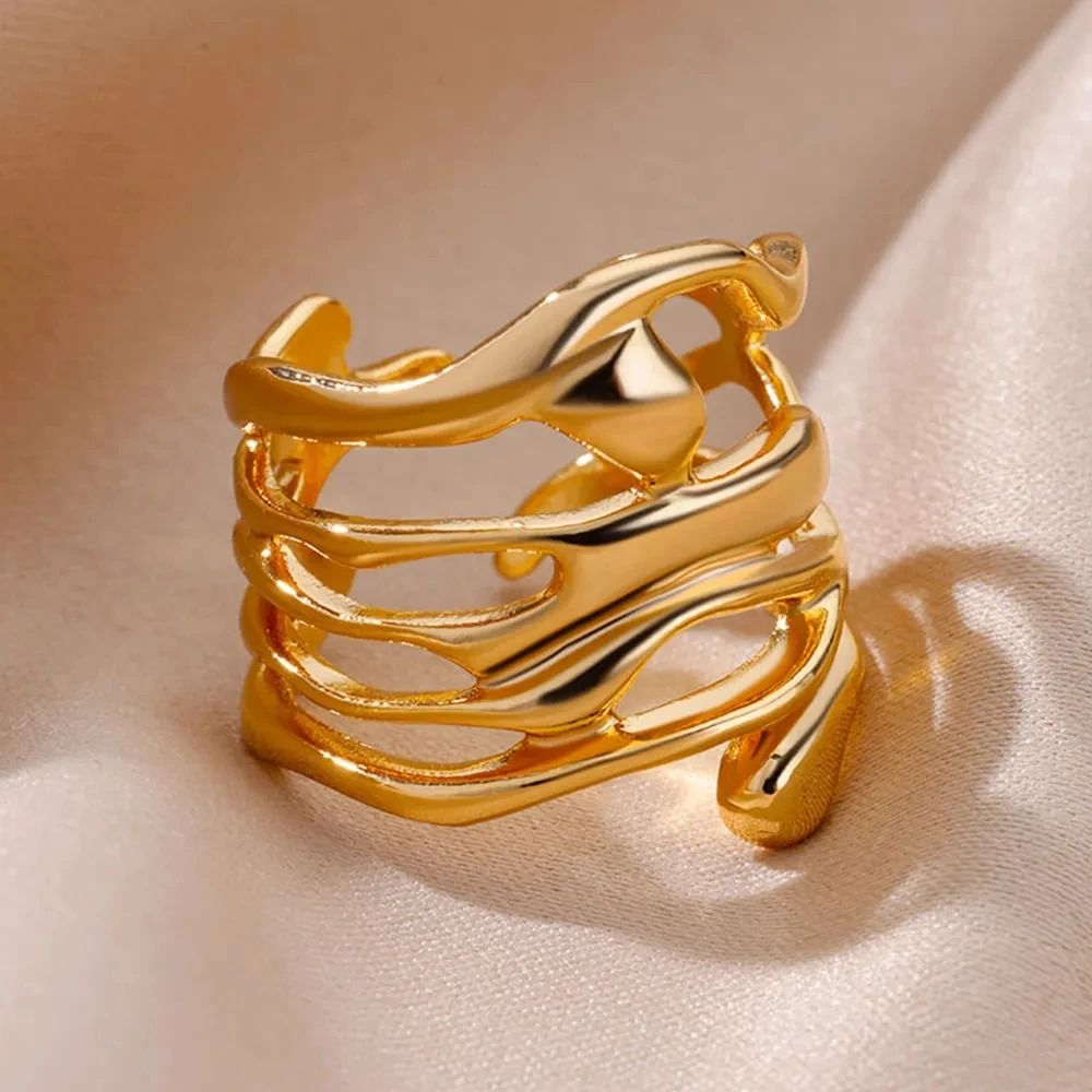 Abstract Fluid Wrap Wide Adjustable Band Gold or Silver Ring