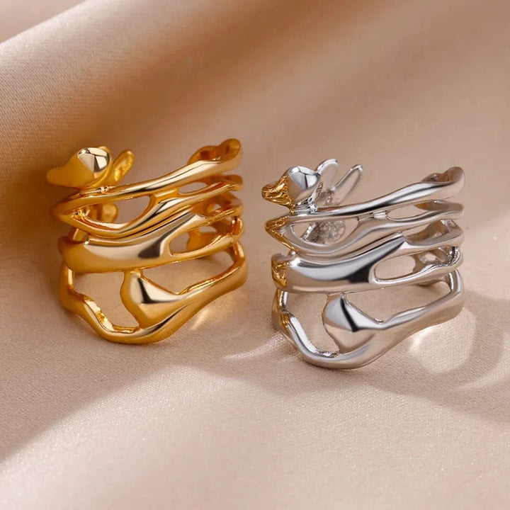 Abstract Fluid Wrap Wide Adjustable Band Gold or Silver Ring