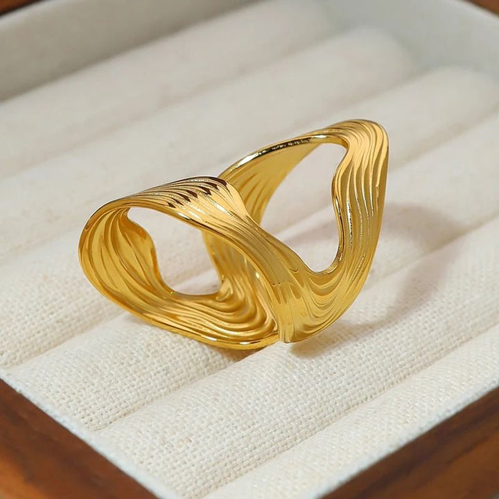 Textured Wave Adjustable Ring Open Statement Band (Gold/Silver) (Close-up Detail) | The Colourful Aura