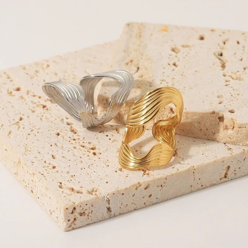 Textured Wave Adjustable Ring Open Statement Band (Gold/Silver)