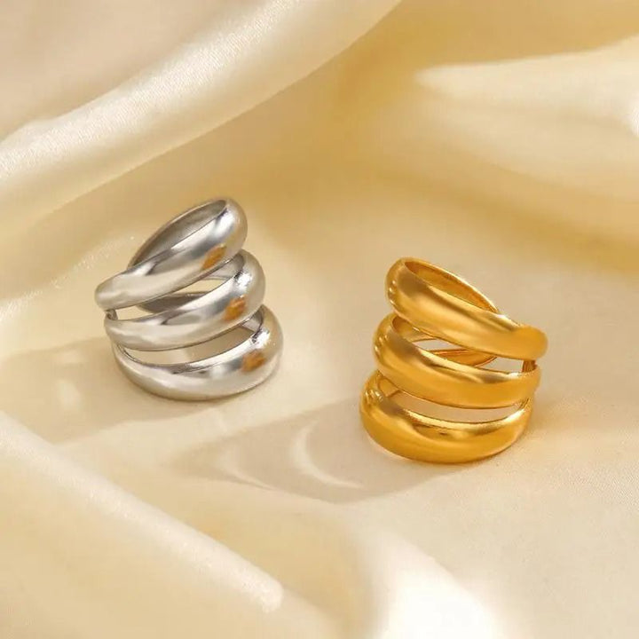 Chunky Triple Dome Adjustable Stacked Wide Band (Gold/Silver) Ring (Close-up Detail) | The Colourful Aura
