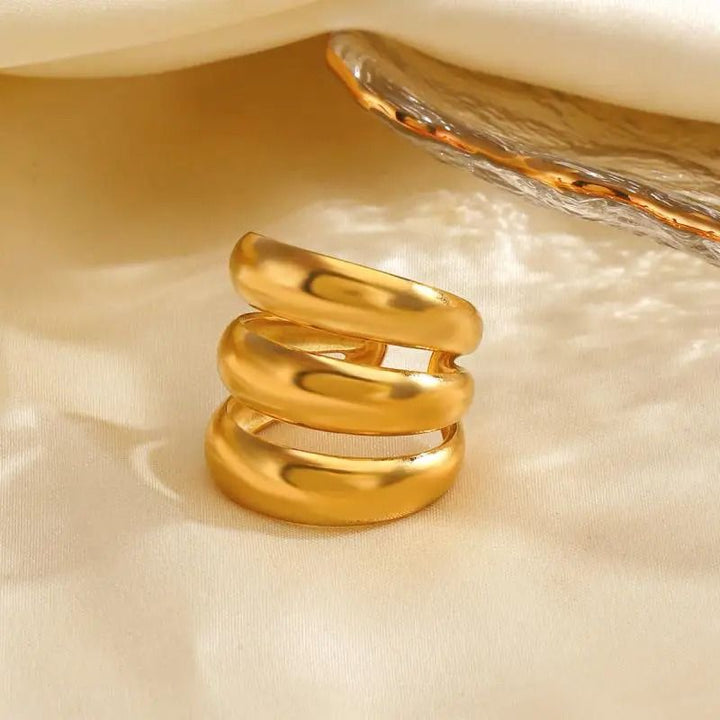 Chunky Triple Dome Adjustable Stacked Wide Band (Gold/Silver) Ring (Close-up Detail) | The Colourful Aura