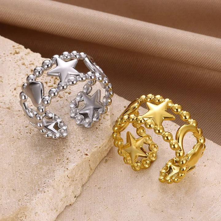 Celestial Star Moon Beaded Adjustable Ring Open Band (Gold/Silver)