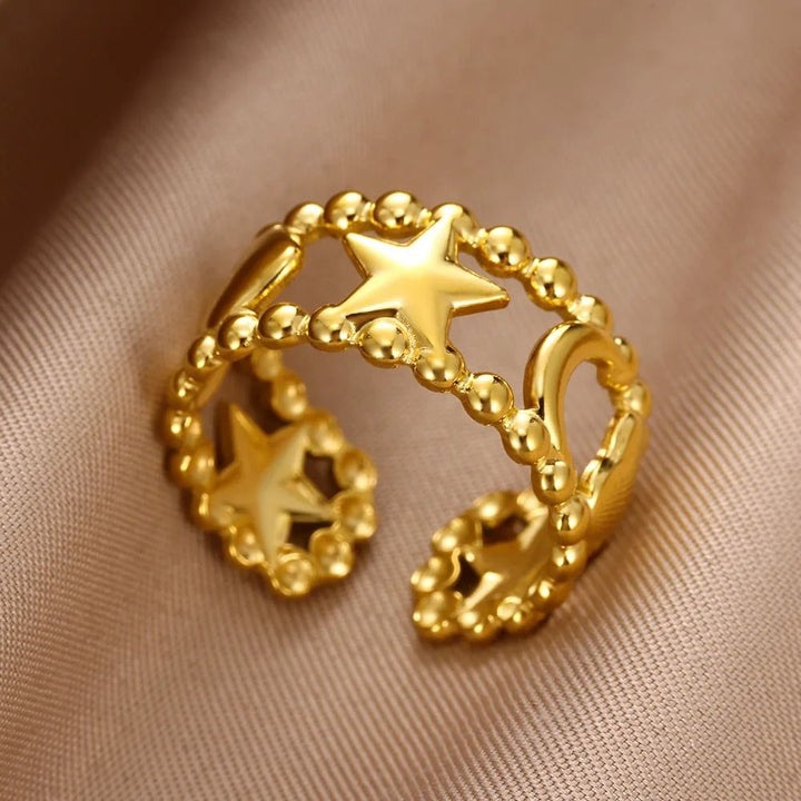 Celestial Star Moon Beaded Adjustable Ring Open Band (Gold/Silver) (Close-up Detail) | The Colourful Aura