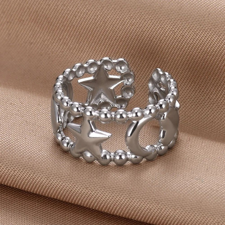 Celestial Star Moon Beaded Adjustable Ring Open Band (Gold/Silver) (Close-up Detail) | The Colourful Aura