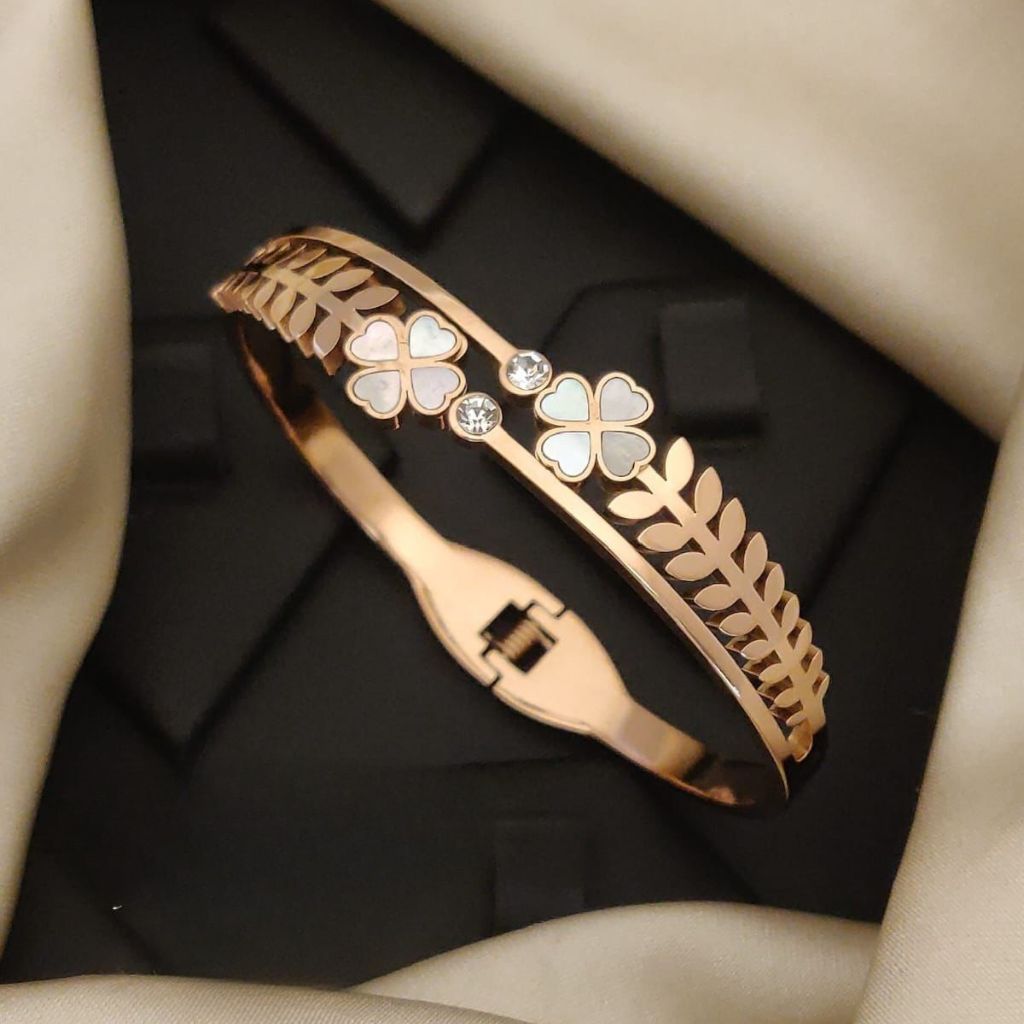 Rose Gold Clover Leaf Brass Kada with CZ Stones