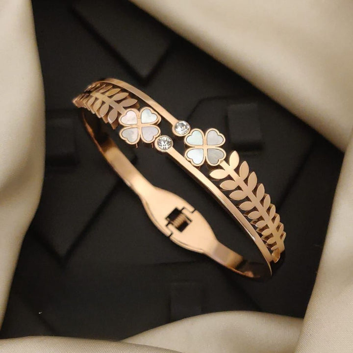 Rose Gold Clover Leaf Brass Kada with CZ Stones