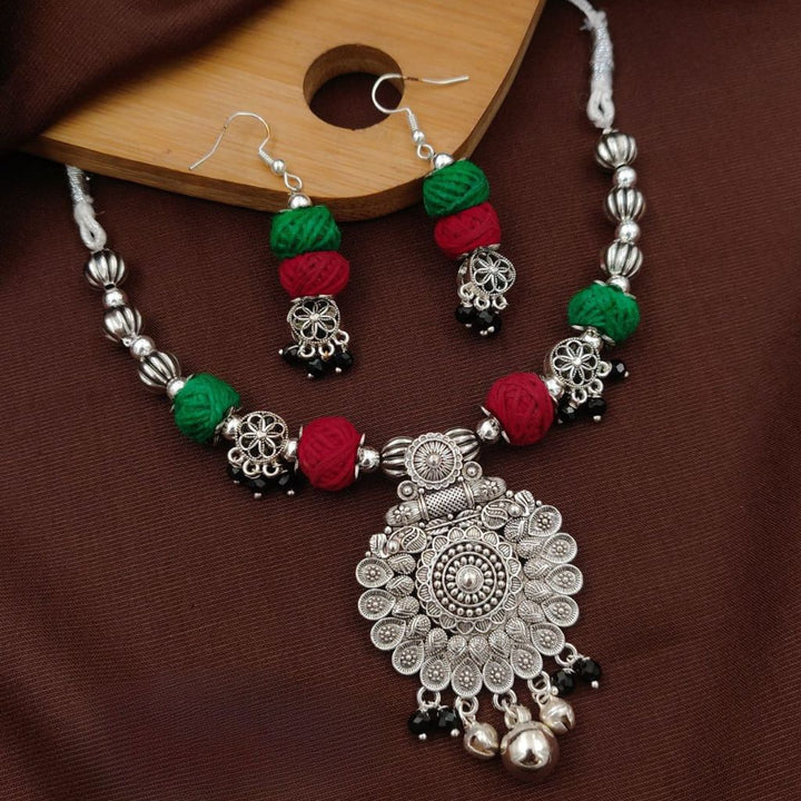 Handcrafted Silver Oxidized Necklace Set with Red & Green Beads