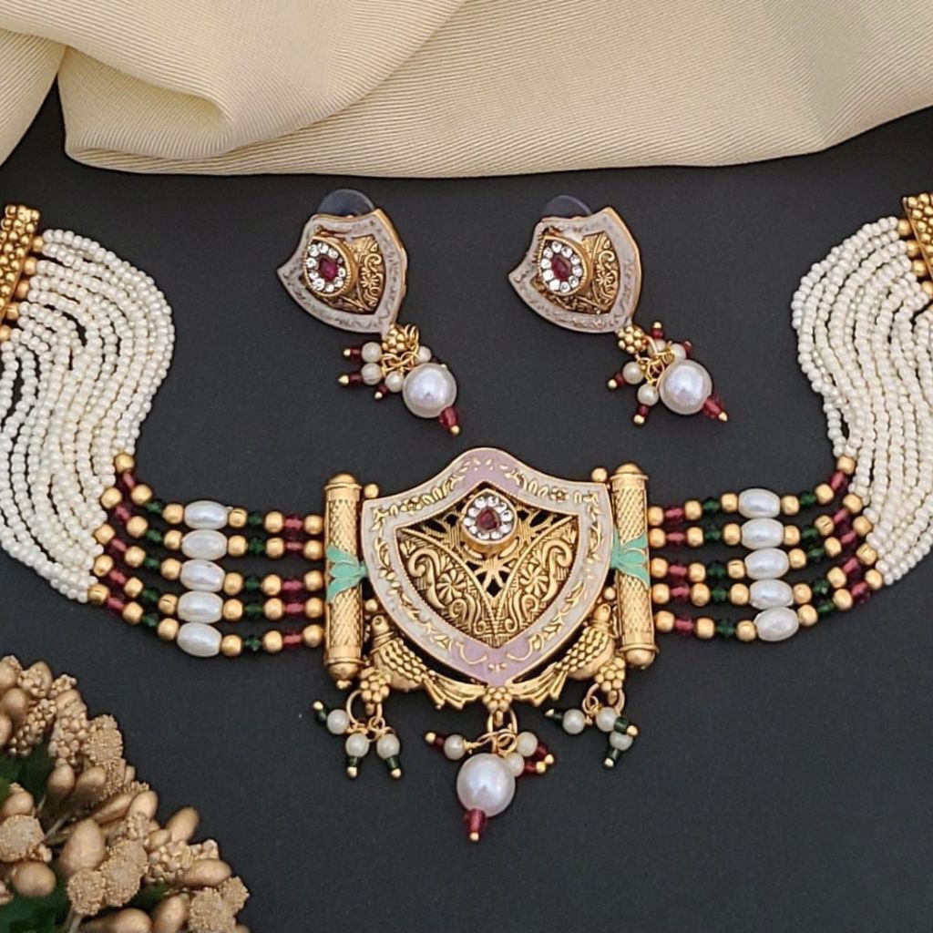 Traditional Ethnic Multi Strand White Pearl Dangle Diana Choker