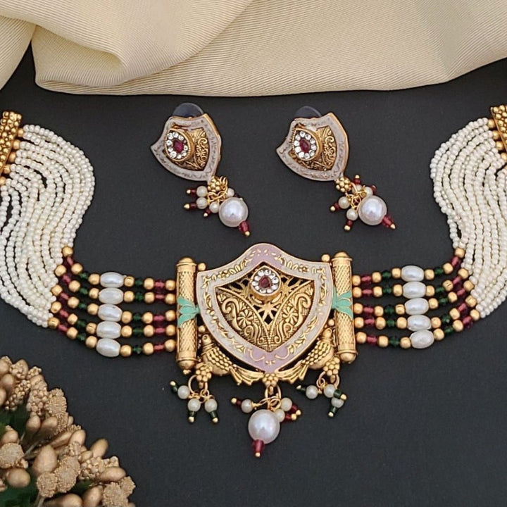 Traditional Ethnic Multi Strand White Pearl Dangle Diana Choker