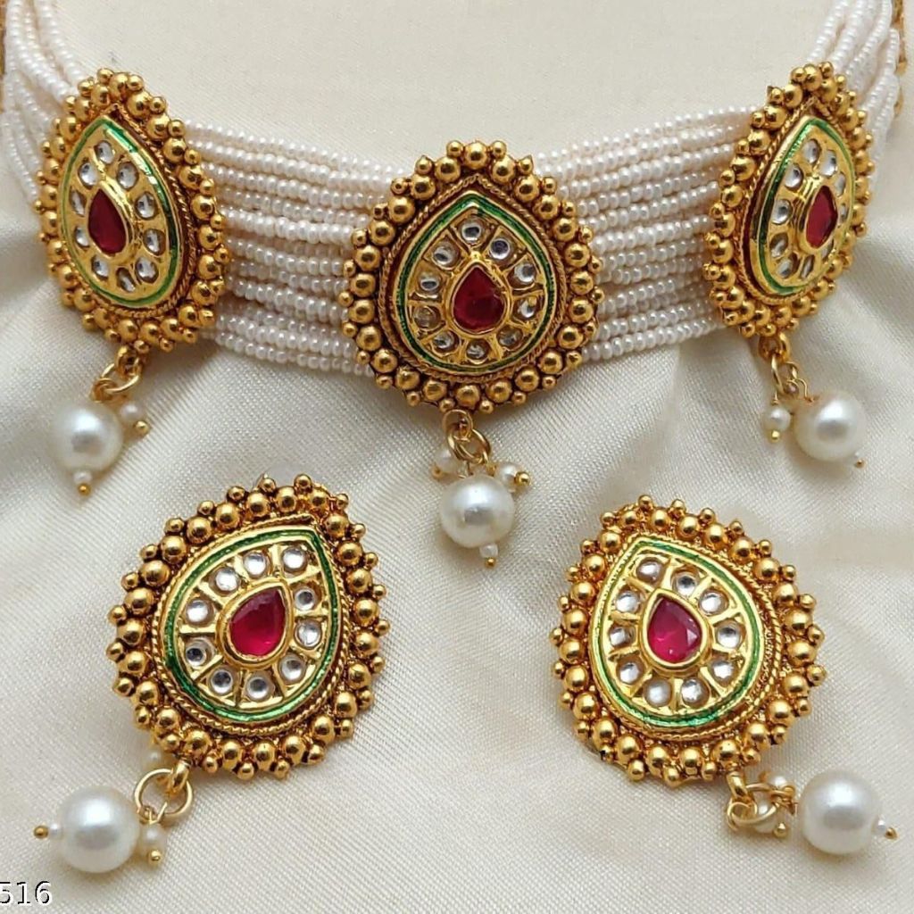 Multi Strand White Pearl Zircon Red Stone Victorian Choker set