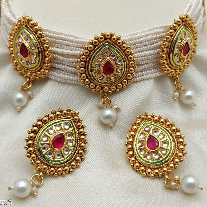 Multi Strand White Pearl Zircon Red Stone Victorian Choker set