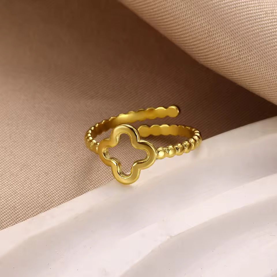 Lucky Clover Adjustable Statement Gold/Silver Ring (Close-up Detail) | The Colourful Aura